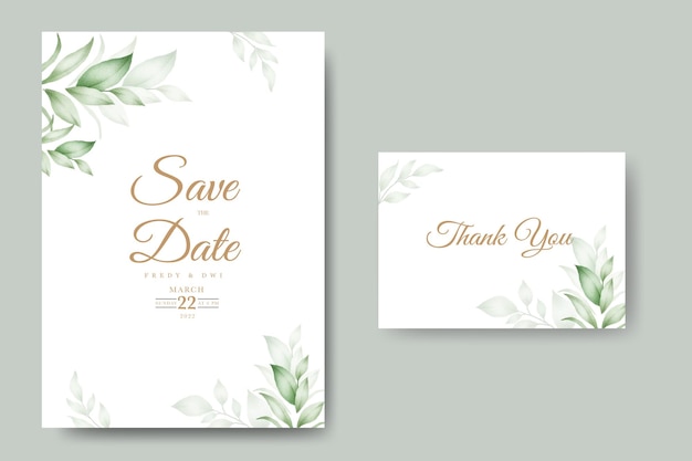 Vector tarjeta de invitación de boda verde con hojas acuarela set