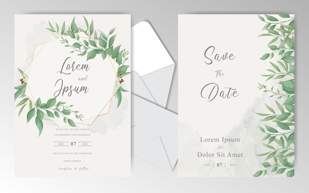 Tarjeta de invitación de boda verde con hojas elegantes