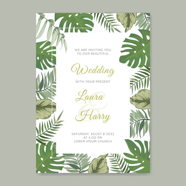 Vector tarjeta de invitación de boda verde con hojas de verano