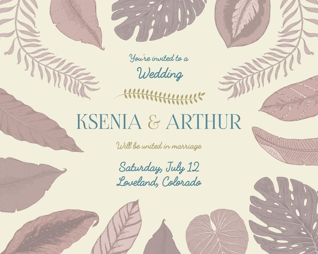 Tarjeta de invitación de boda vintage plantilla grabada para matrimonio hojas tropicales fondo novio y novia plantas dibujadas a mano
