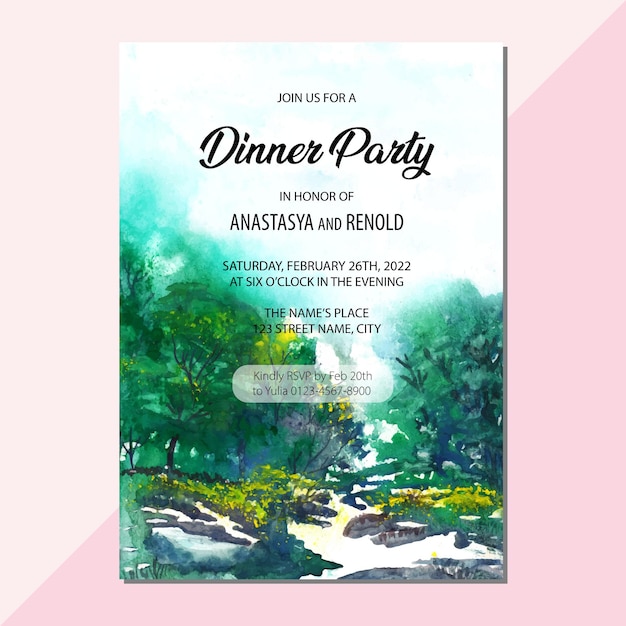 Tarjeta de invitación a cena con paisaje abstracto acuarela de ríos y bosques de flores amarillas