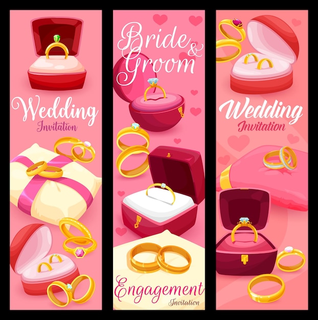 Vector tarjeta de invitación de compromiso y anillos de boda