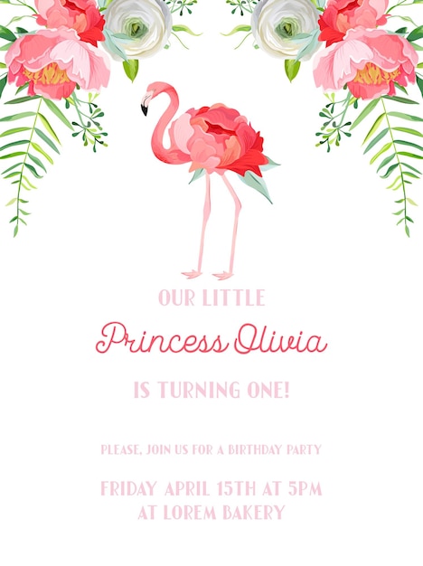 Tarjeta de invitación de cumpleaños de bebé con ilustración de hermosos flamencos y flores, anuncio de llegada, saludos en vector