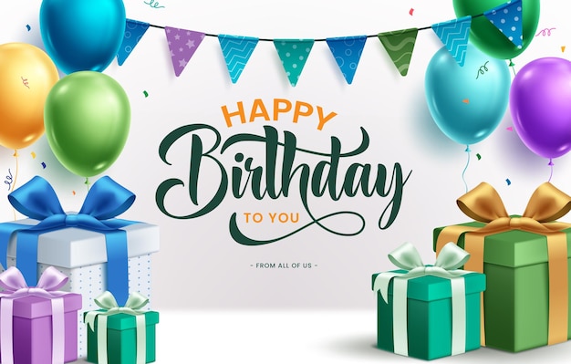 Tarjeta de invitación de cumpleaños clipart bandera de fondo texto de felicitación de aniversario feliz con cajas de regalos