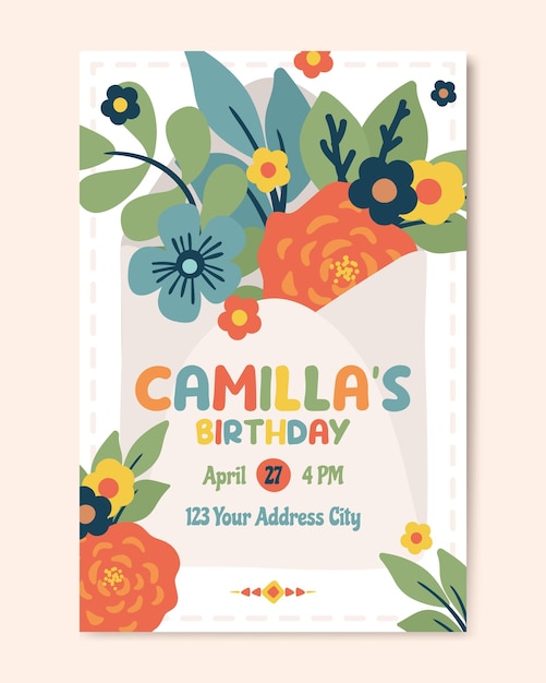 Tarjeta de invitación de cumpleaños con flores ilustración vectorial dibujo a mano