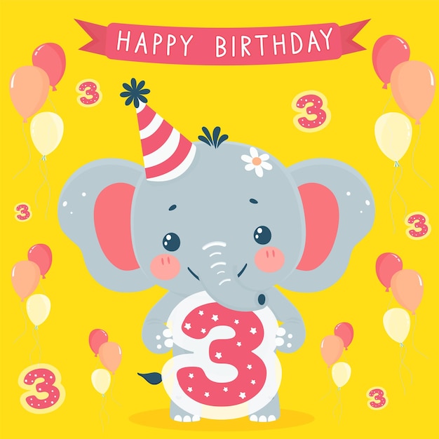 tarjeta de invitación de cumpleaños en fondo amarillo con un elefante lindo
