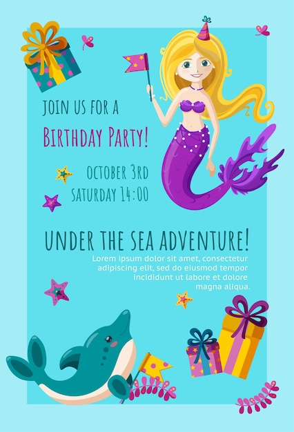 Vector tarjeta de invitación de cumpleaños con linda sirenita delfín y diseño confeccionado de estrellas de mar