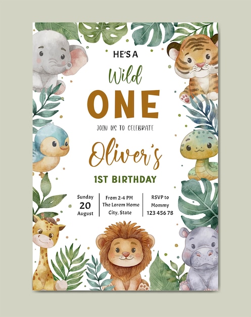 Vector tarjeta de invitación de cumpleaños tema safari acuarela