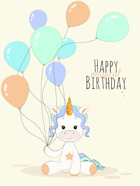 Tarjeta de invitación de cumpleaños con unicornio y globos en diseño plano