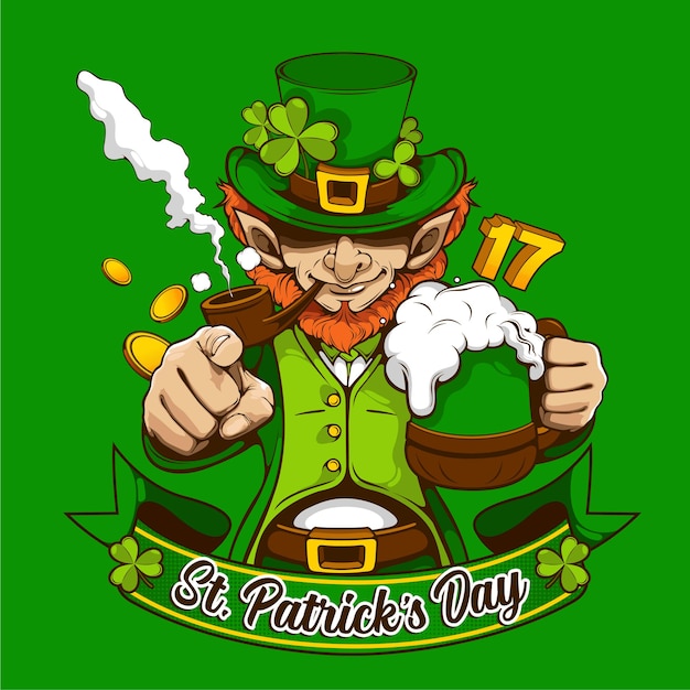 Tarjeta de invitación del día de San Patricio. diseño de personajes para banner o web, diseño de carteles de fiesta de celebración de ilustración sobre fondo verde.