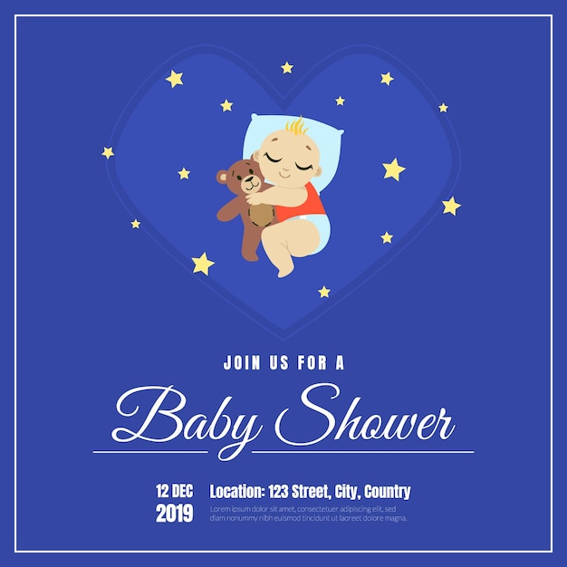Tarjeta de invitación de ducha de bebé con bebé durmiente lindo y lugar para su ilustración vectorial de texto estilo de dibujos animados