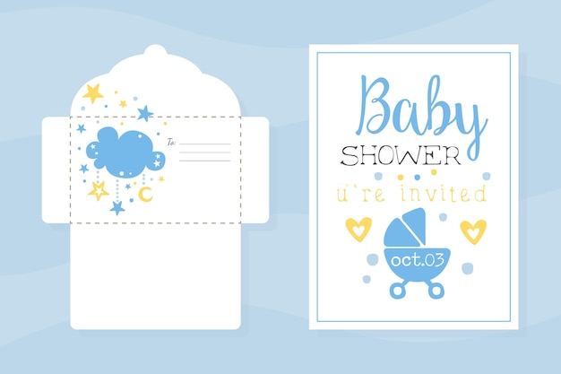 Tarjeta de invitación para la ducha de bebé y diseño de sobre en colores azul pastel Ilustración vectorial