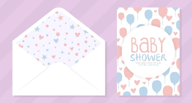 Tarjeta de invitación para la ducha de bebé y plantillas de sobres en colores pastel Ilustración vectorial