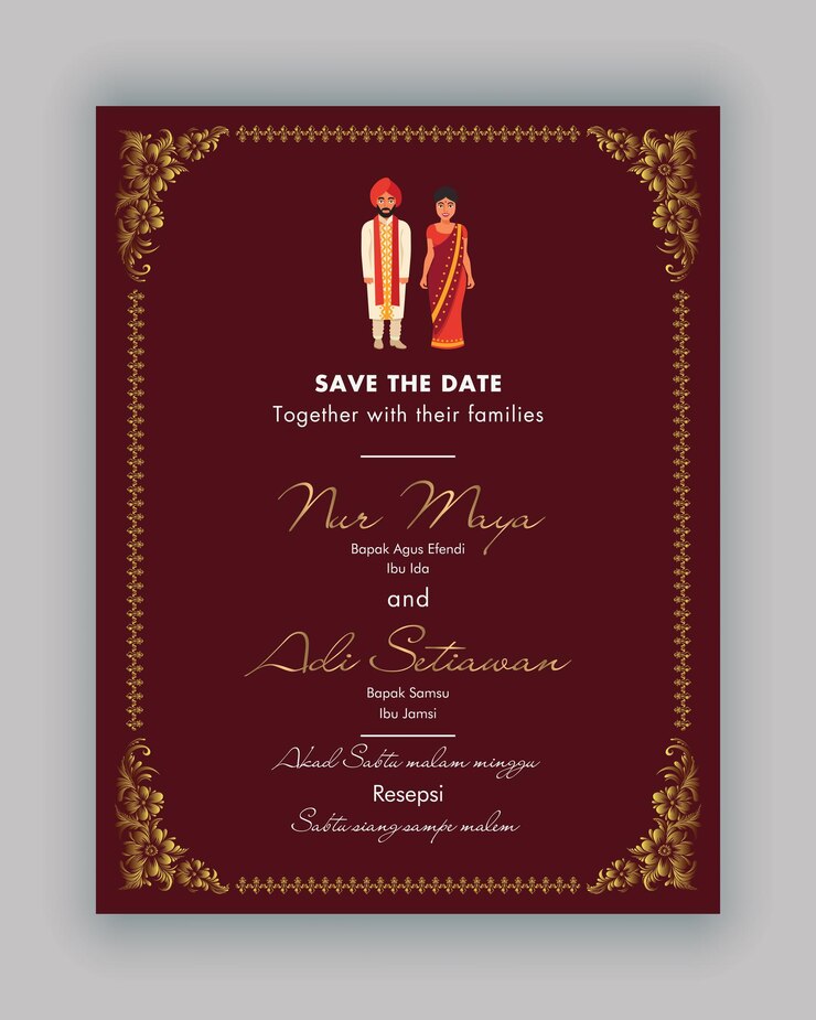 Tarjeta de invitación de estilo indio con un novio y una novia con un vector de invitación con borde dorado