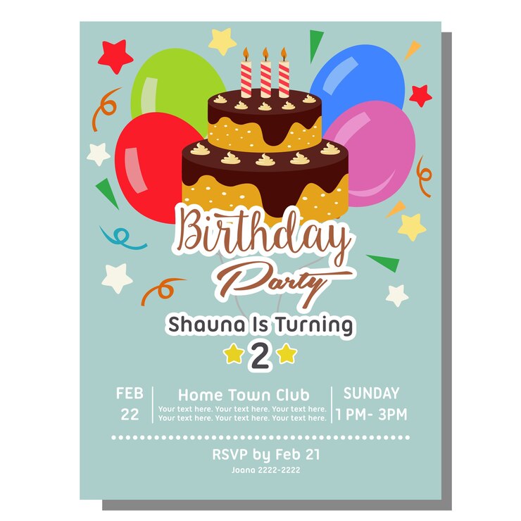 tarjeta de invitación de fiesta de cumpleaños en estilo plano con pastel de torre
