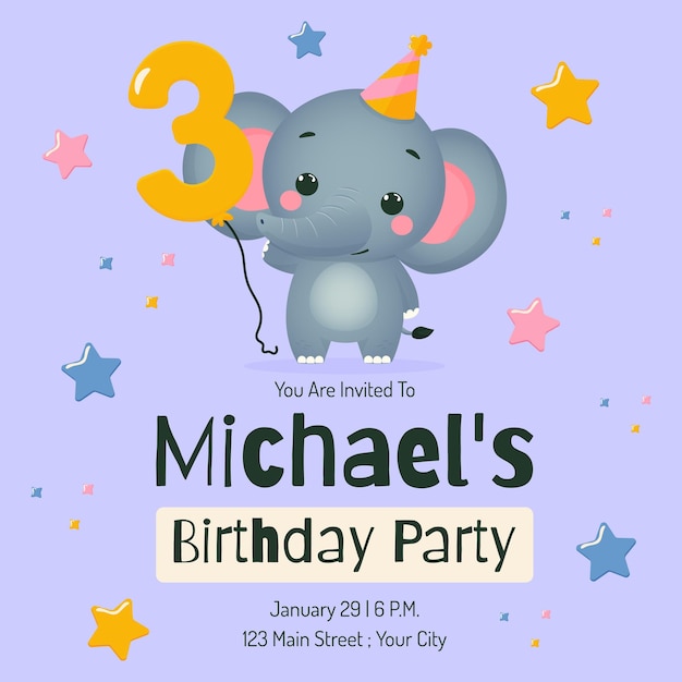 Tarjeta de invitación a una fiesta de cumpleaños con una linda ilustración vectorial plana de elefante