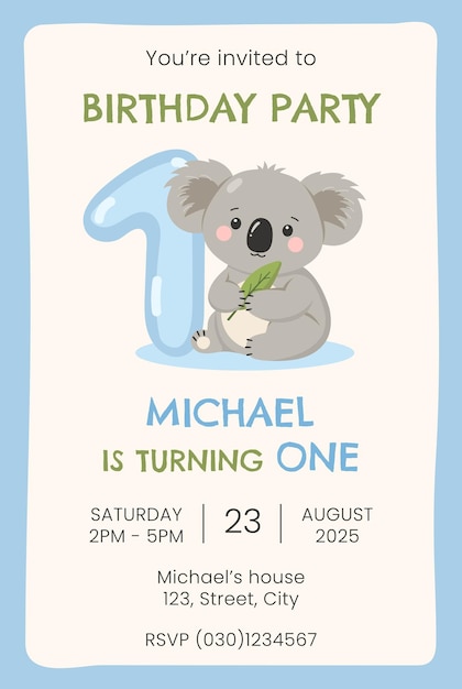 Tarjeta de invitación a la fiesta de cumpleaños con un lindo koala Primera plantilla vectorial de la fiesta de aniversario