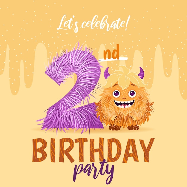Tarjeta de invitación a la fiesta de cumpleaños con monstruo de dibujos animados dibujado a mano número dos y limo