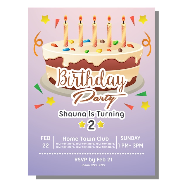 tarjeta de invitación de fiesta de cumpleaños con pastel grande