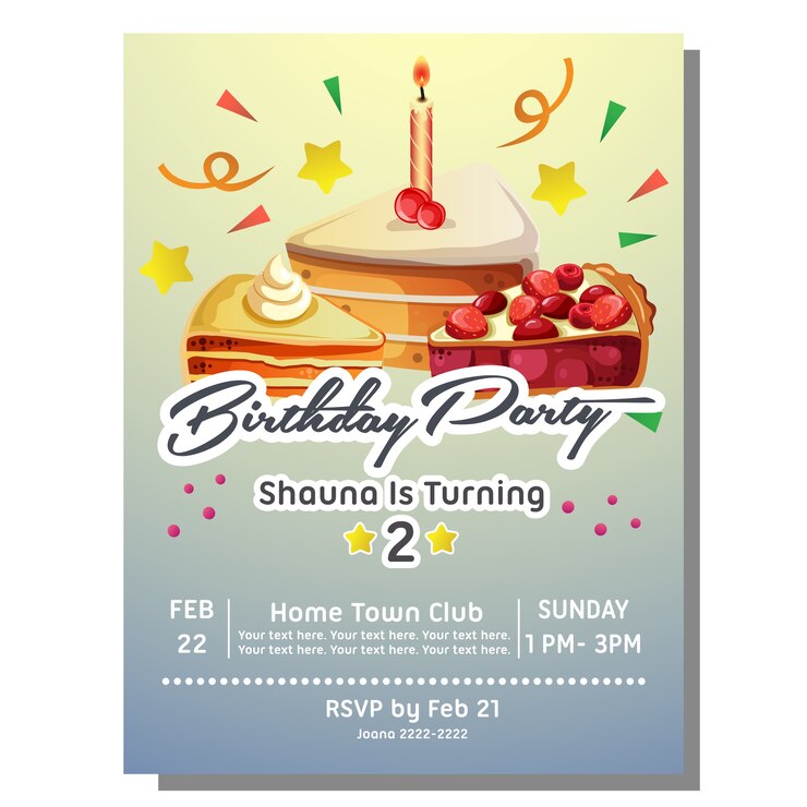 tarjeta de invitación de fiesta de cumpleaños con rebanada de pastel