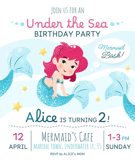 Tarjeta de invitación a la fiesta de cumpleaños de la sirena plantilla vertical con una princesa sirena y texto para un niño