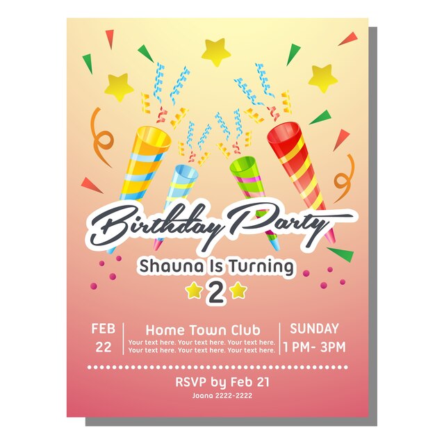 tarjeta de invitación de fiesta de cumpleaños con trompeta de fiesta