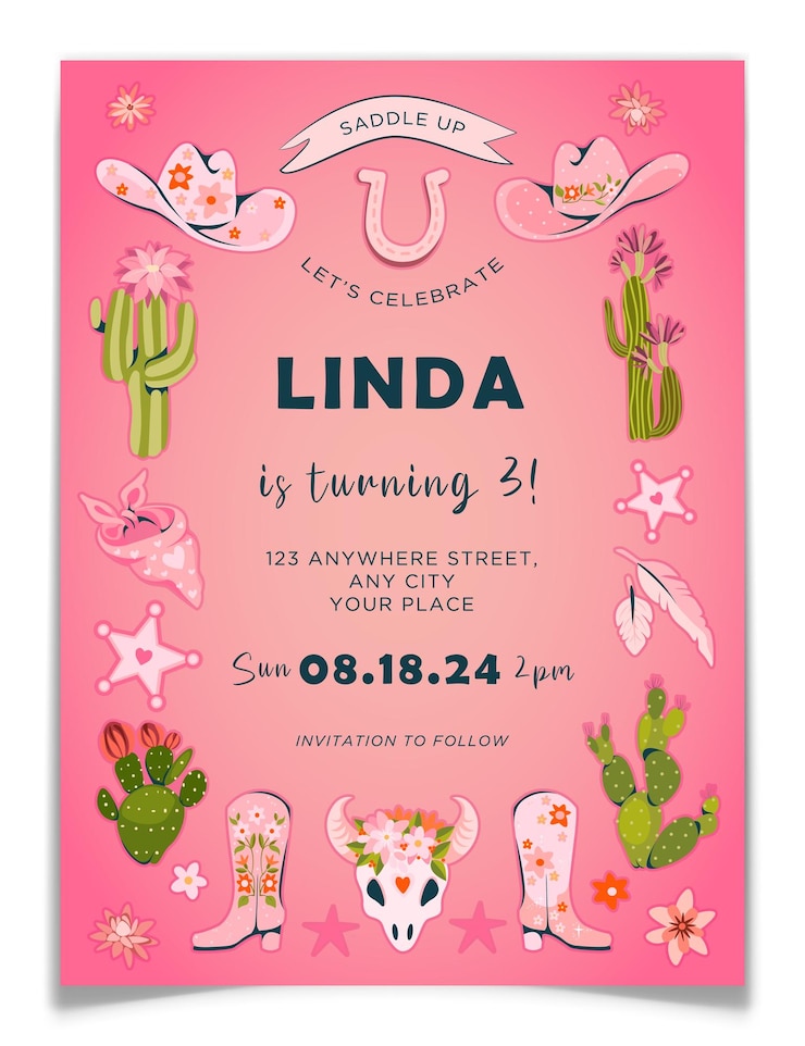 Vector tarjeta de invitación de la fiesta de cumpleaños de la vaquera del rodeo