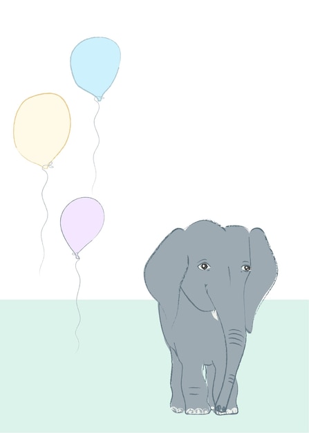 Tarjeta de invitación para fiesta de feliz cumpleaños con lindo elefante y globos vector dibujado a mano