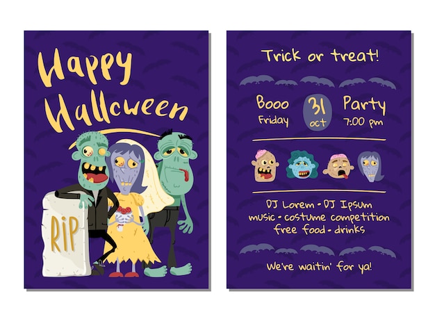 Tarjeta de invitación de fiesta de halloween con zombis divertidos