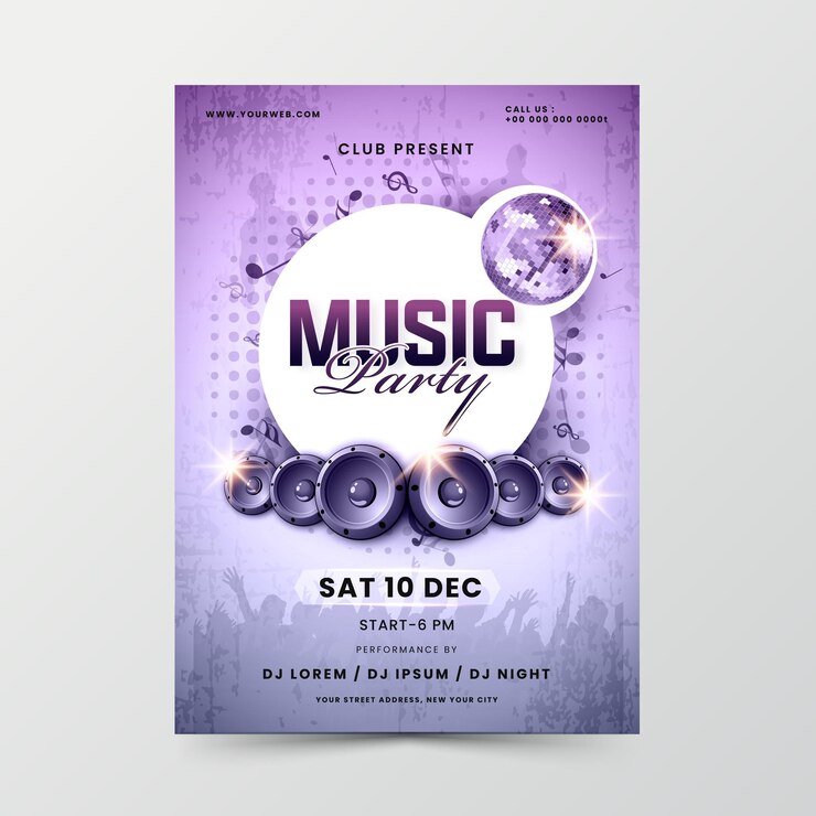 Vector tarjeta de invitación de fiesta musical con sonido de woofer de efecto de luz sobre fondo de grunge de semitono púrpura.