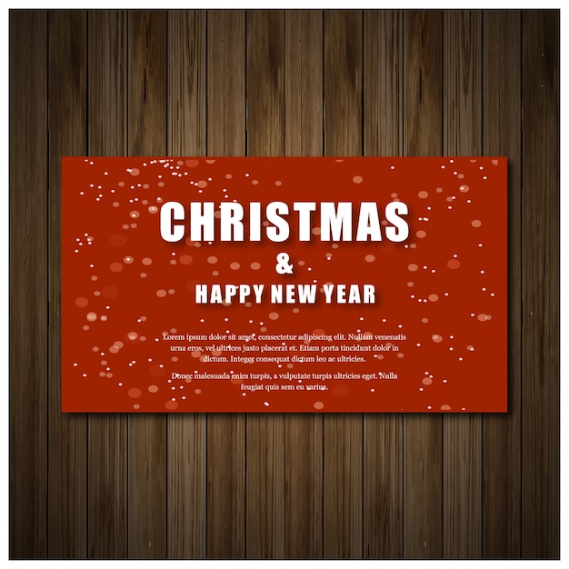 Tarjeta de invitación de fiesta de Navidad en color rojo con tipografía blanca sobre fondo de madera