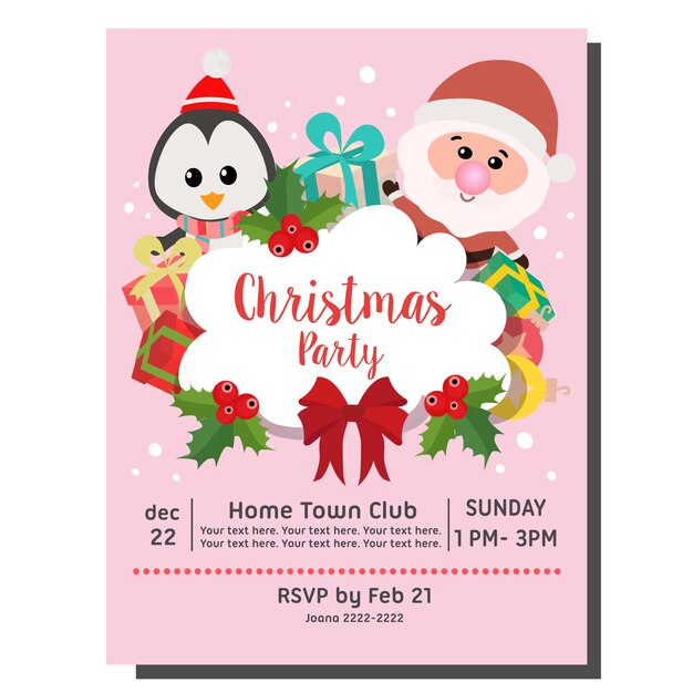 Tarjeta de invitación fiesta de navidad santa pingüino