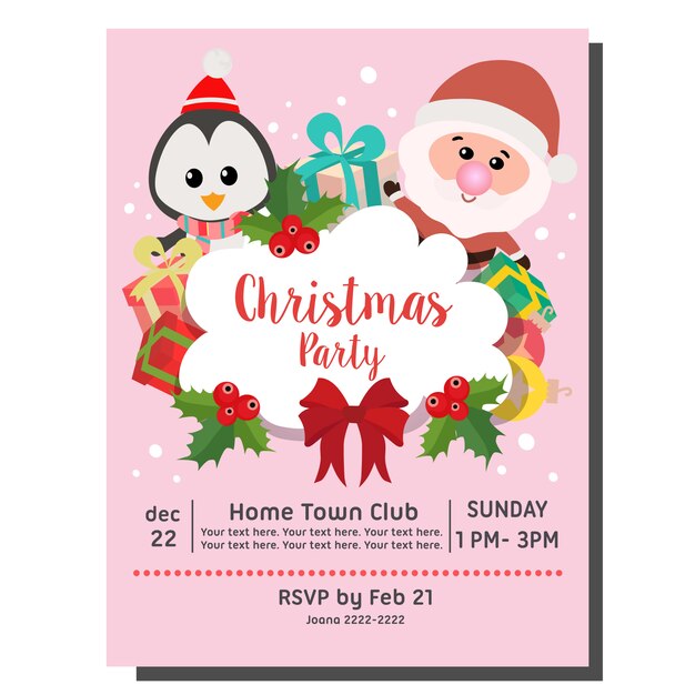 Vector tarjeta de invitación fiesta de navidad santa pingüino