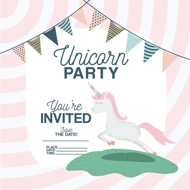 Tarjeta de invitación de fiesta de unicornio con decoración floral y guirnaldas