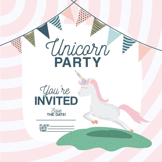 Vector tarjeta de invitación de fiesta de unicornio con decoración floral y guirnaldas