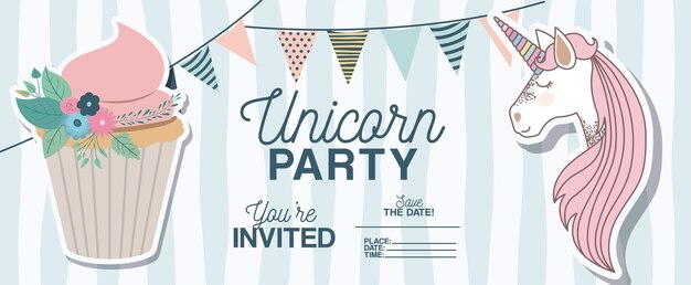 Tarjeta de invitación de fiesta de unicornio con decoración floral y Magdalena