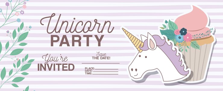 Tarjeta de invitación de fiesta de unicornio con decoración floral y Magdalena