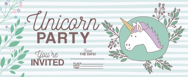 Tarjeta de invitación de fiesta de unicornio con decoración floral