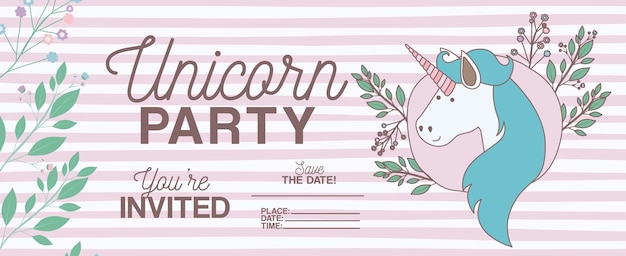 Vector tarjeta de invitación de fiesta de unicornio con decoración floral