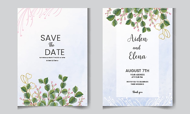 Tarjeta de invitación floral acuarela elegante con hojas de eucaliptus