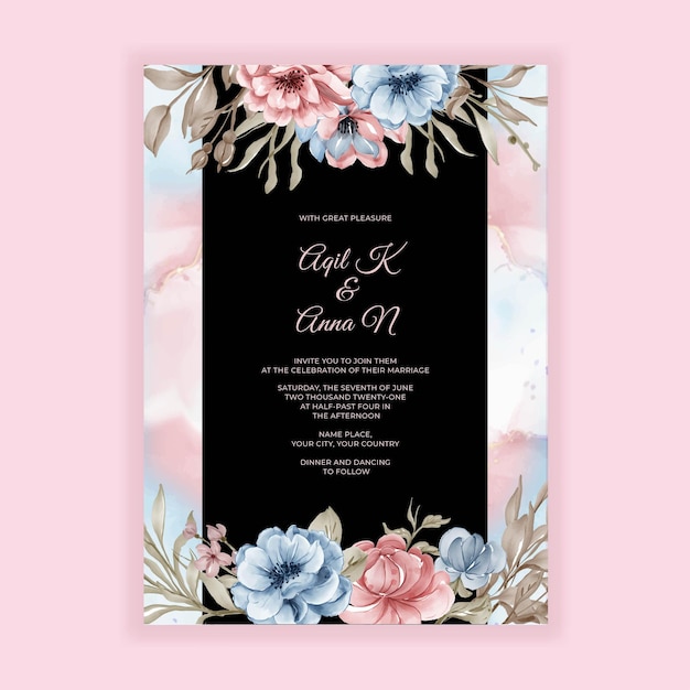 Tarjeta de invitación floral de boda con flores de color rosa azul