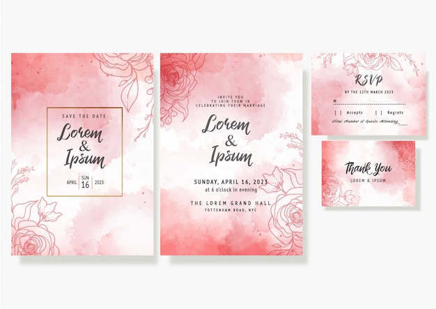 Tarjeta de invitación floral de boda guardar la fecha rsvp diseño elegante plantilla decorativa en acuarela