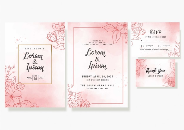 Tarjeta de invitación floral de boda guardar la fecha rsvp diseño elegante plantilla decorativa en acuarela