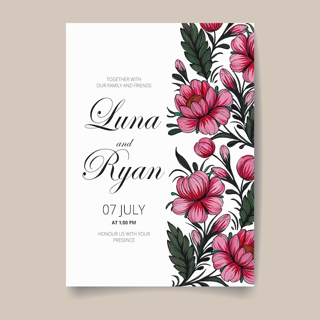 Tarjeta de invitación floral, guarde la fecha con acuarela, marco dorado, flores, hojas y ramas.