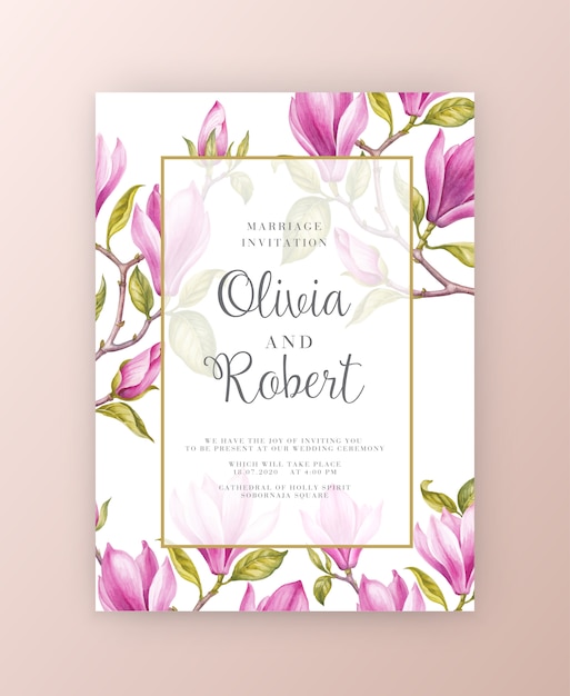 Tarjeta de invitación de flores de magnolia rosa.