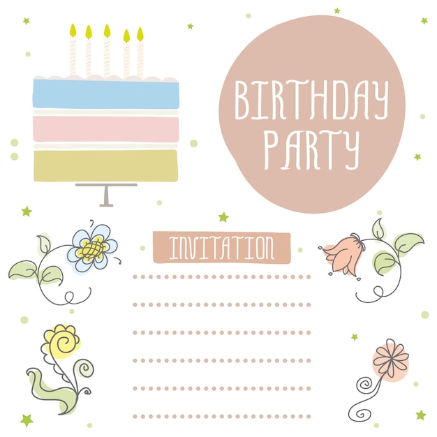 Tarjeta de invitación linda feliz cumpleaños con velas de pastel y flores ilustración vectorial