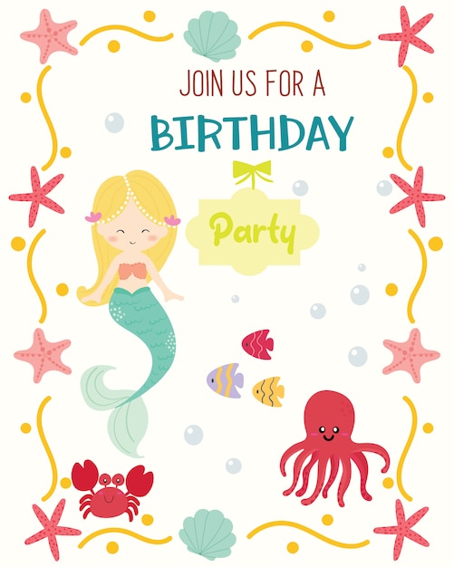 Vector tarjeta de invitación linda de la fiesta de cumpleaños del tema de la sirena.