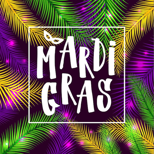 Tarjeta de invitación de mardi gras en el fondo de la palma