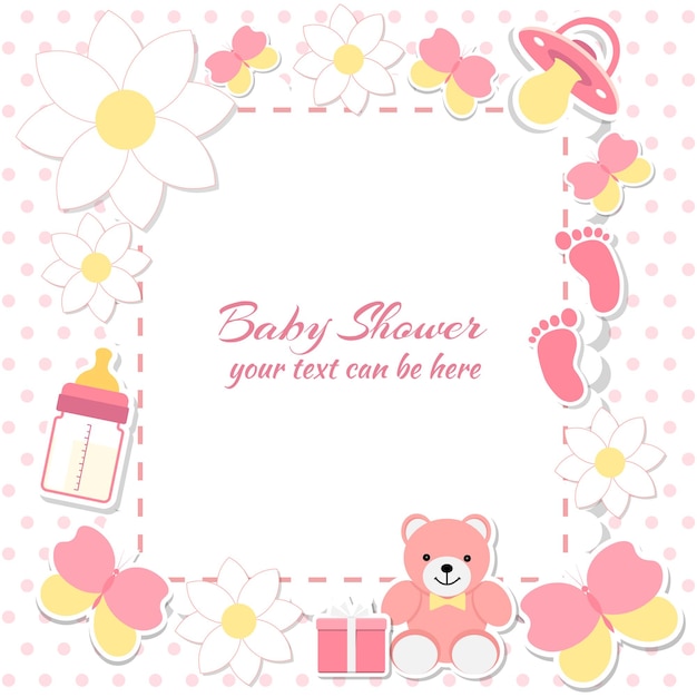 Vector tarjeta de invitación de niña de ducha de bebé lugar para texto tarjetas de felicitación ilustración vectorial oso de peluche con una caja de regalo flores de fondo rosa