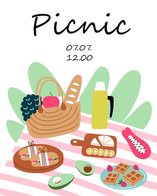Tarjeta de invitación de picnic composición de dibujos animados con manta y canasta de mimbre tarjeta postal de escena de glamping